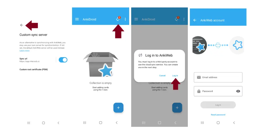 AnkiDroid: кнопка синхронизации и вход с аккаунтом InterSub