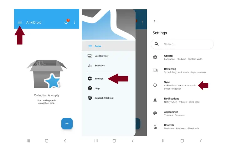 AnkiDroid: меню, настройки и раздел синхронизации
