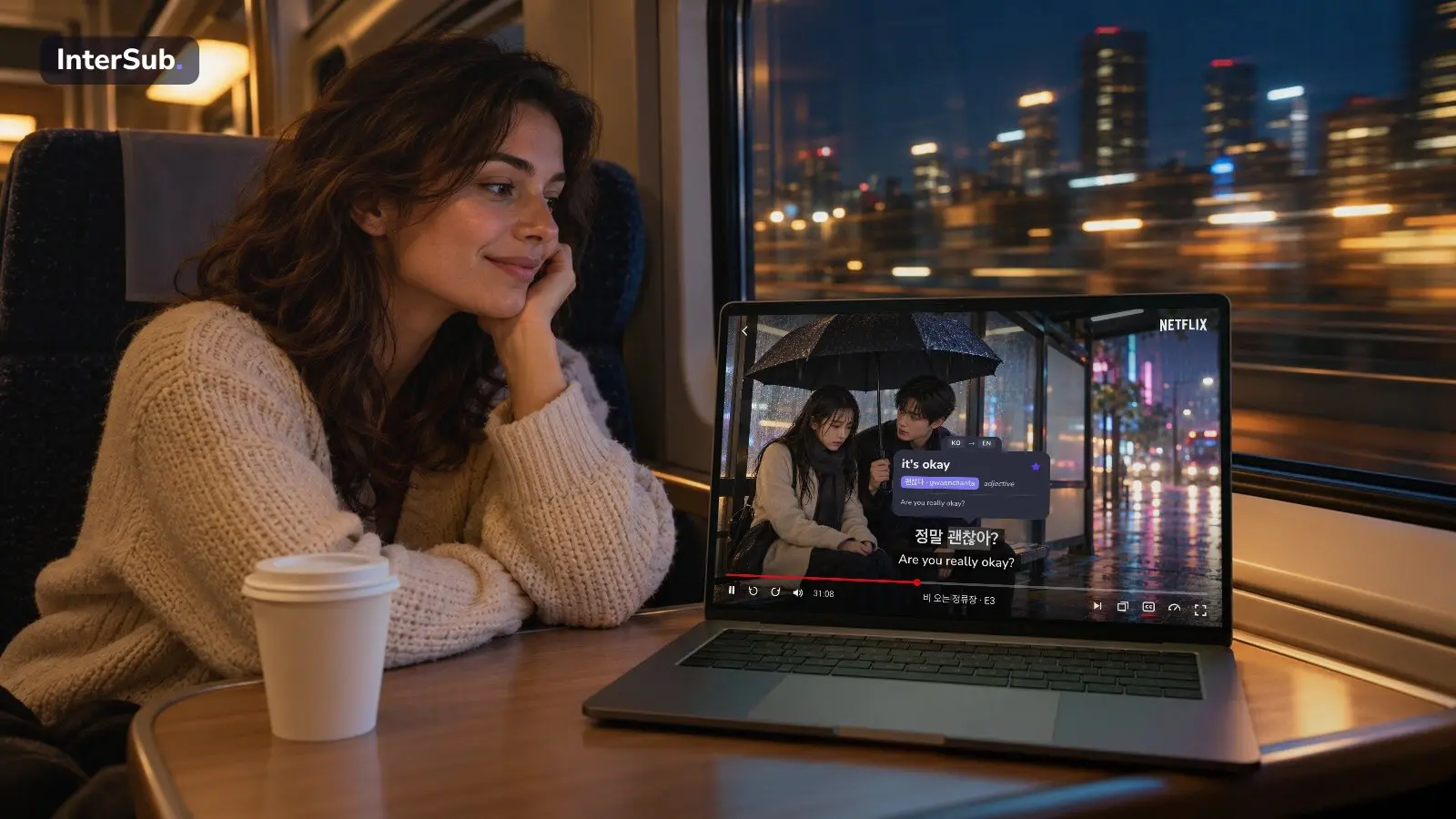A woman on a night train watches a Korean drama on Netflix on a laptop, with Korean subtitles and an English line translated live; the InterSub dictionary shows “괜찮아: it's okay”