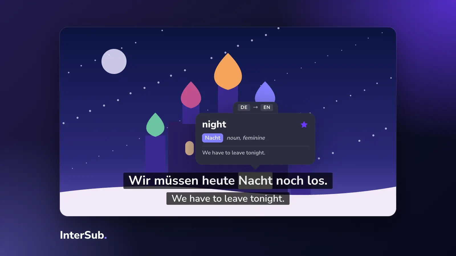 A night city skyline behind a thriller scene with German and English subtitles; the InterSub dictionary shows "Nacht: night"