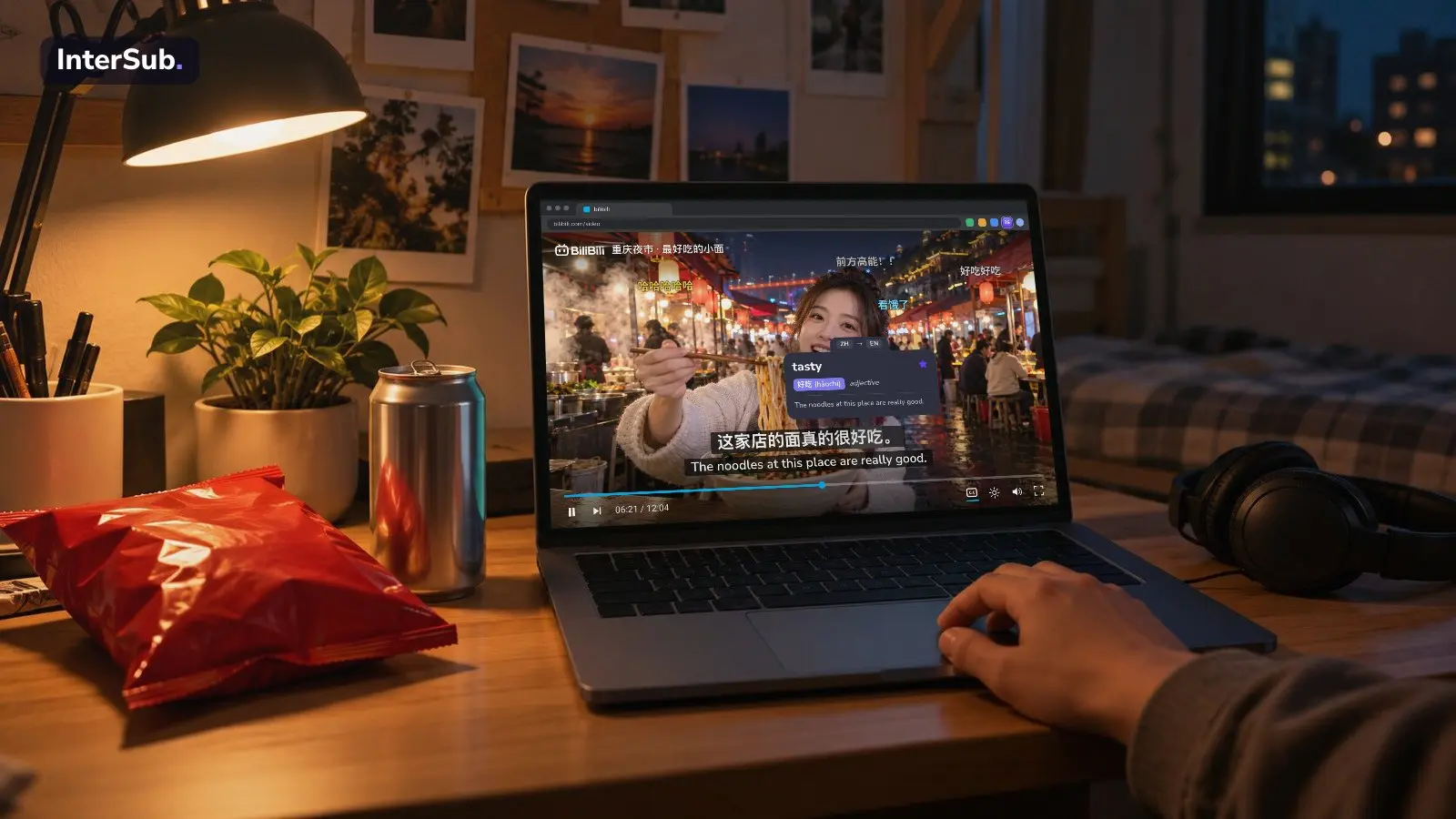 A laptop on a dorm desk plays a Chinese food vlog on Bilibili with flying comments, with Chinese and English subtitles; the InterSub dictionary shows “好吃: tasty”