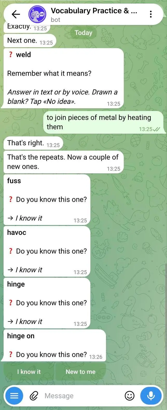 A review session in the InterSub Words bot: the learner explains the meaning of "weld", then the bot moves on to new words