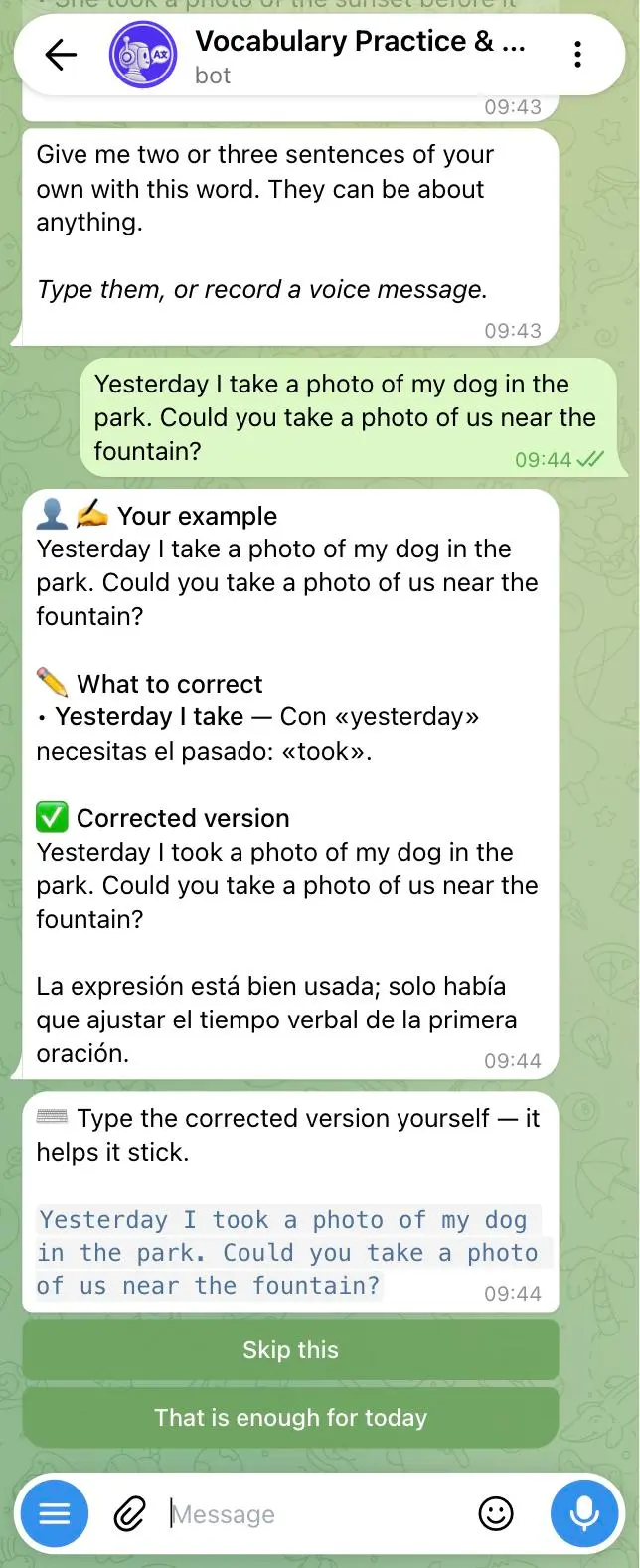 The AI tutor in the InterSub Words bot shows the learner's sentences, one fix ("took" instead of "take" after "yesterday") and the corrected version