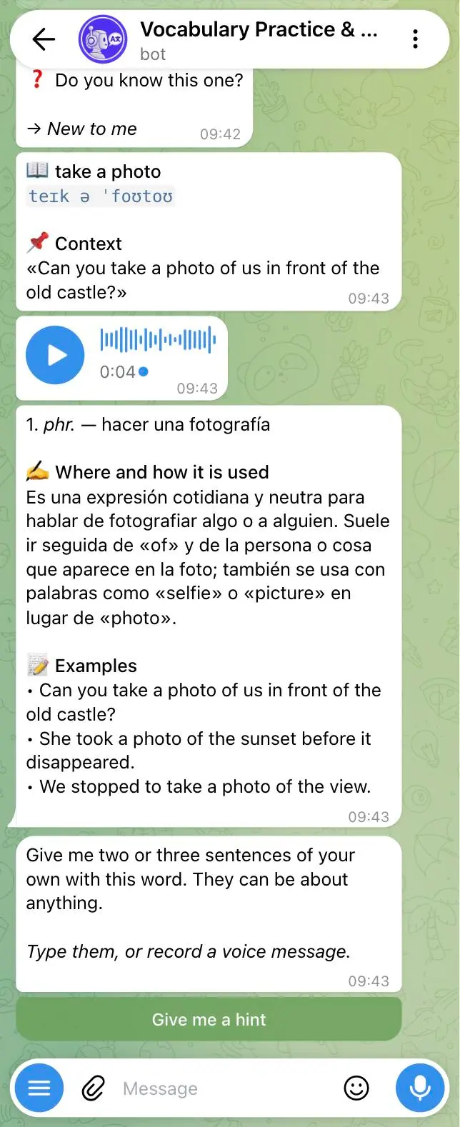 The InterSub Words bot explains "take a photo" with a transcription, audio, meaning, usage notes in Spanish and three examples
