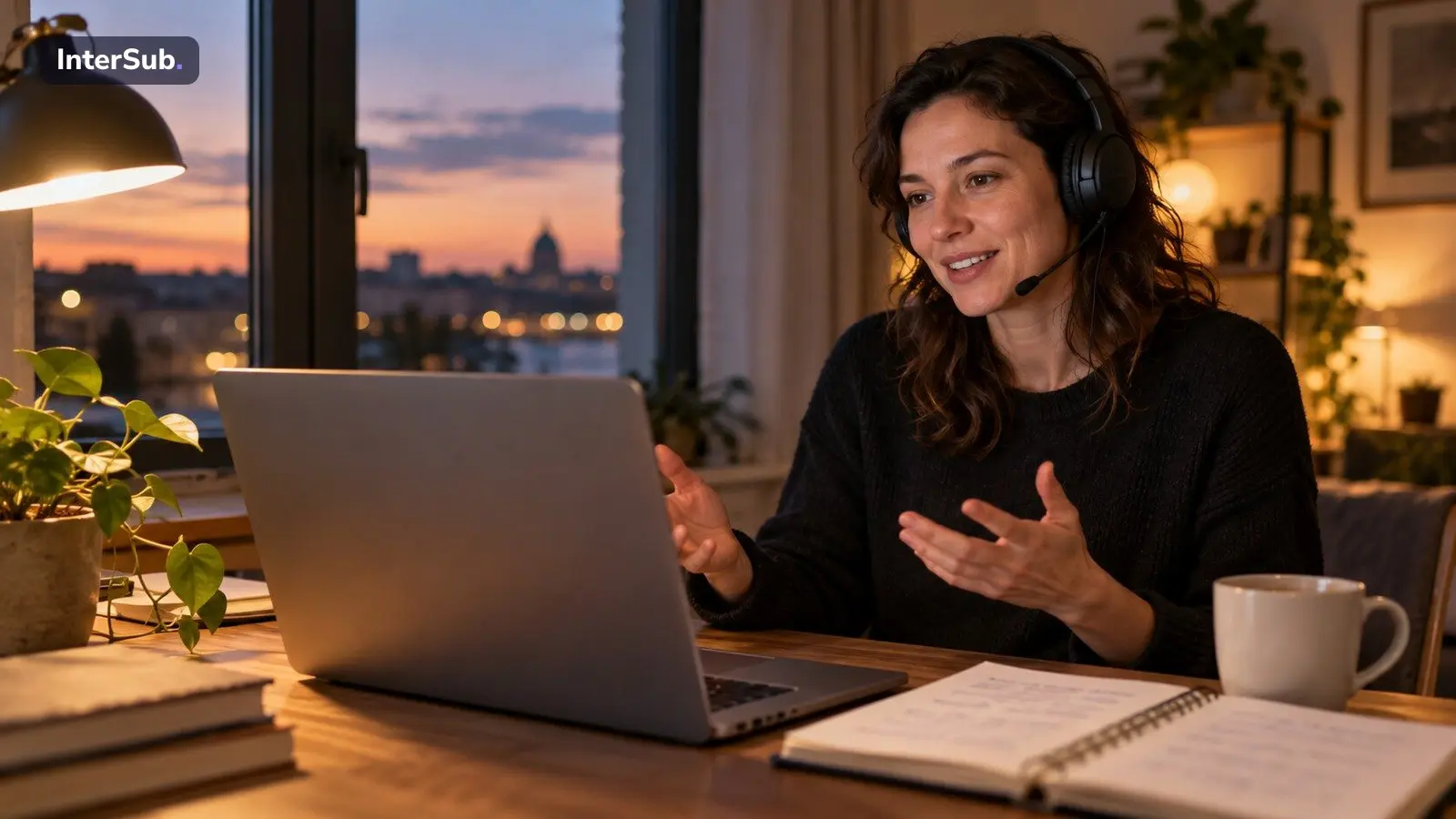 A woman in a headset talks with an AI tutor on her laptop in the evening