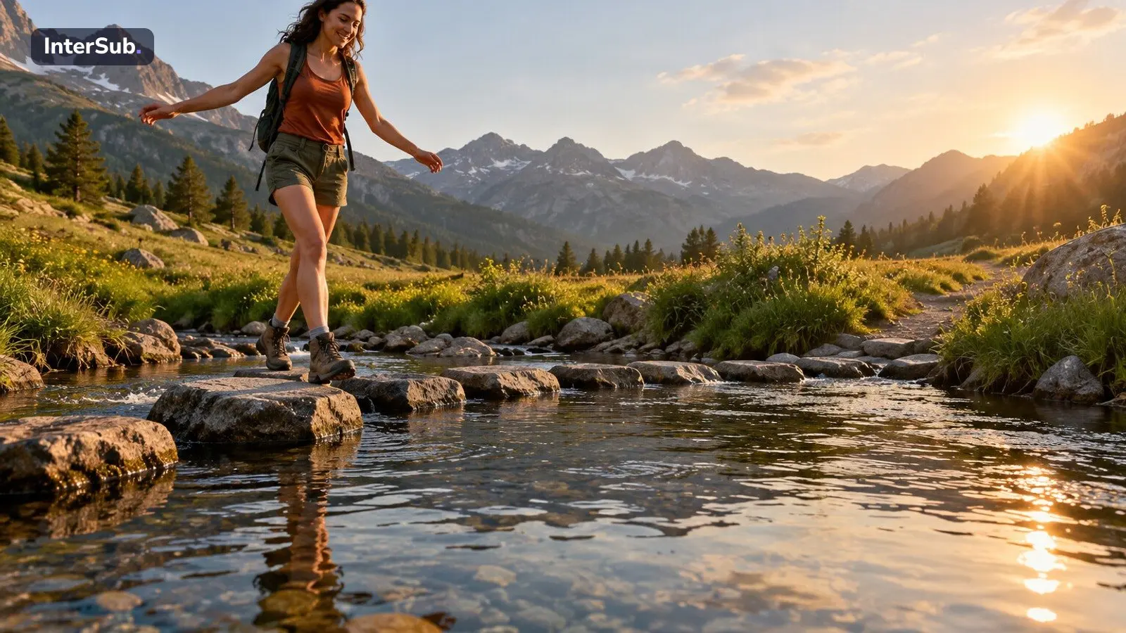 A woman crosses a mountain stream on stepping stones at sunset