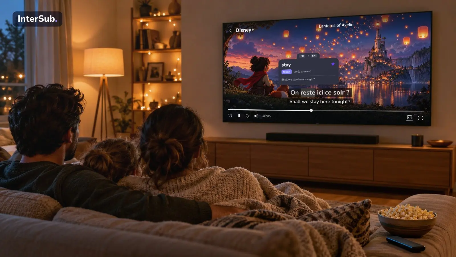 A family on a sofa watches an animated film on Disney+ on the living-room TV, with French and English subtitles; the InterSub dictionary shows “reste: stay”