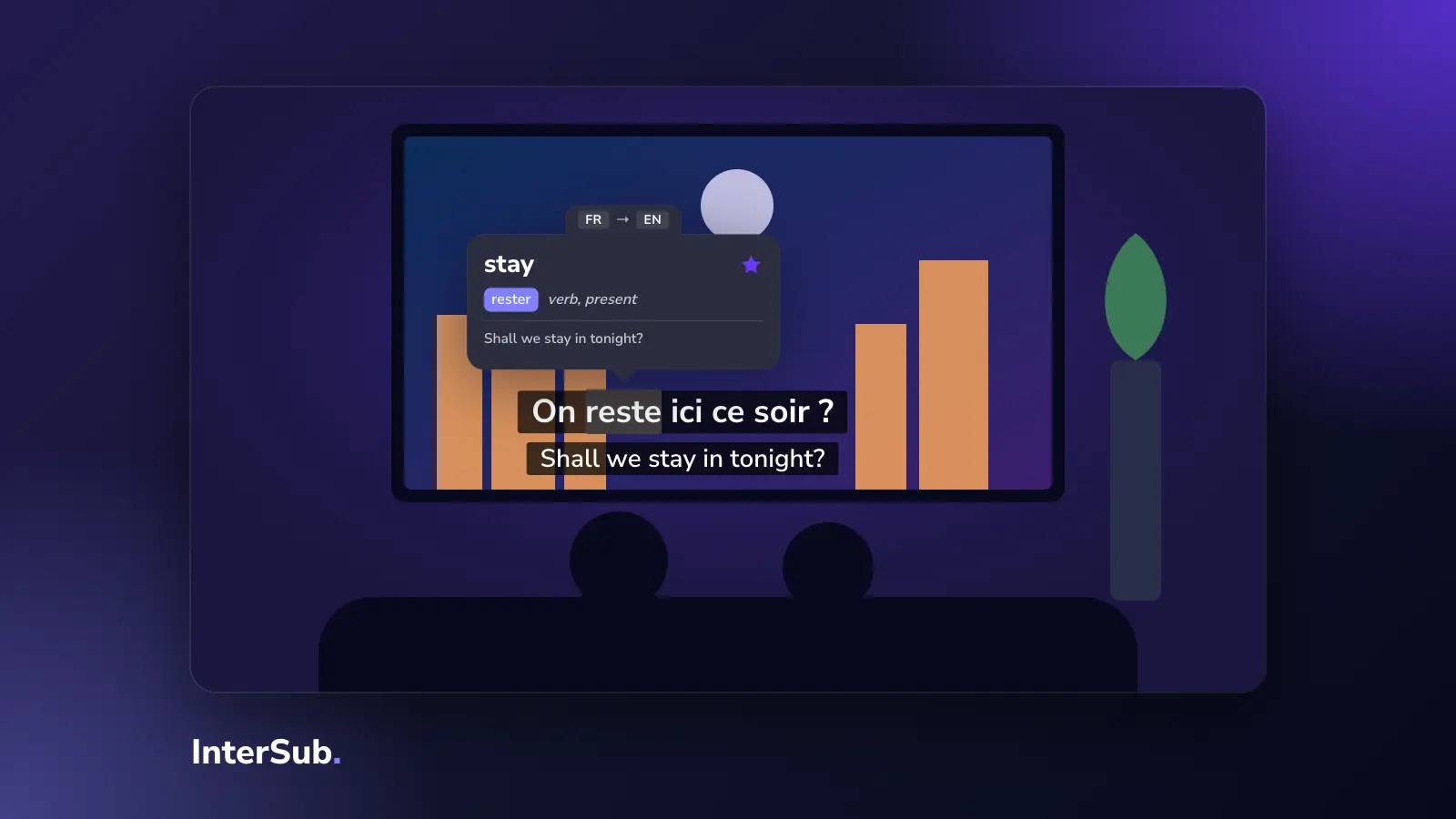A family on a sofa watches a film on TV with French and English subtitles; the InterSub dictionary shows "reste: stay"
