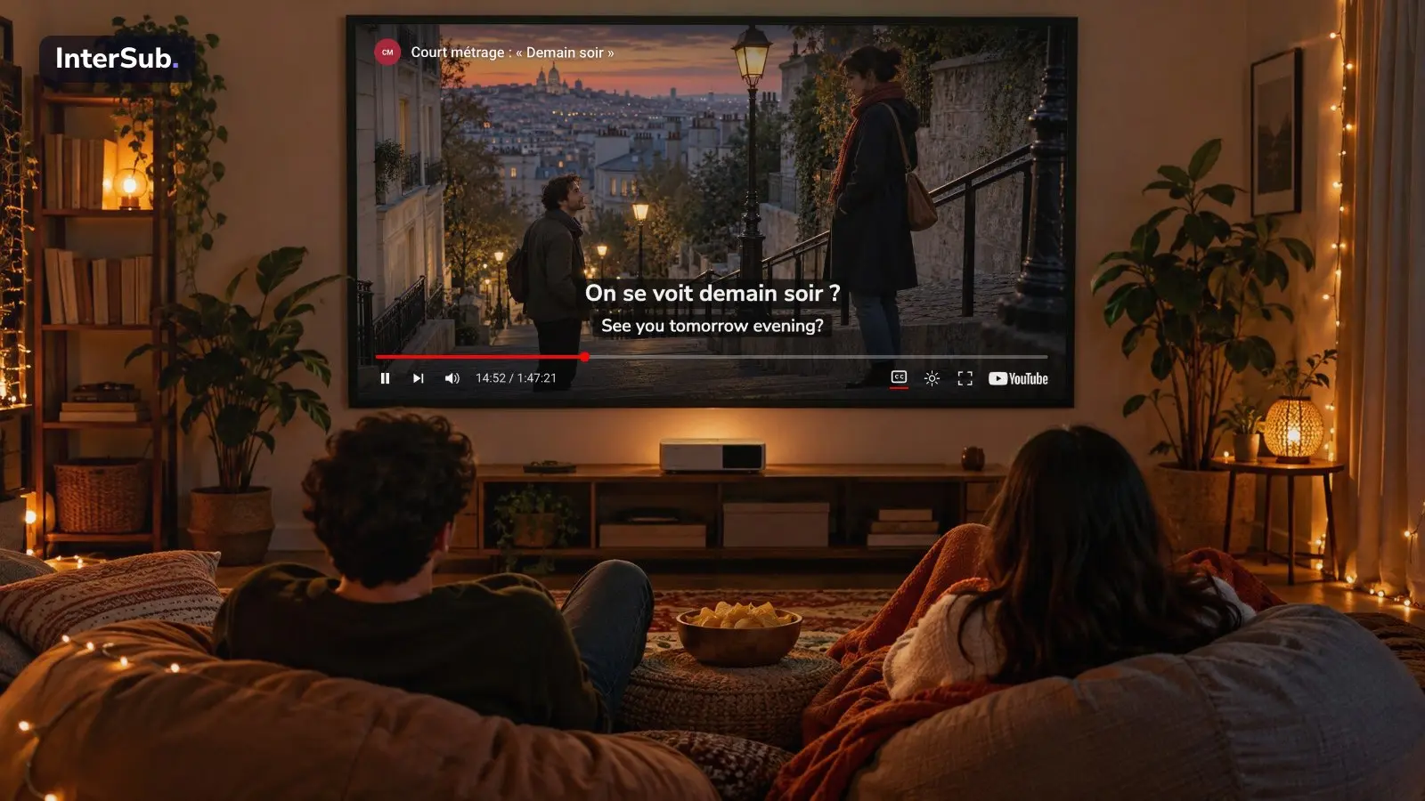 Two friends on bean bags watch a French short film on YouTube on a projector screen, with two subtitle lines, French and English
