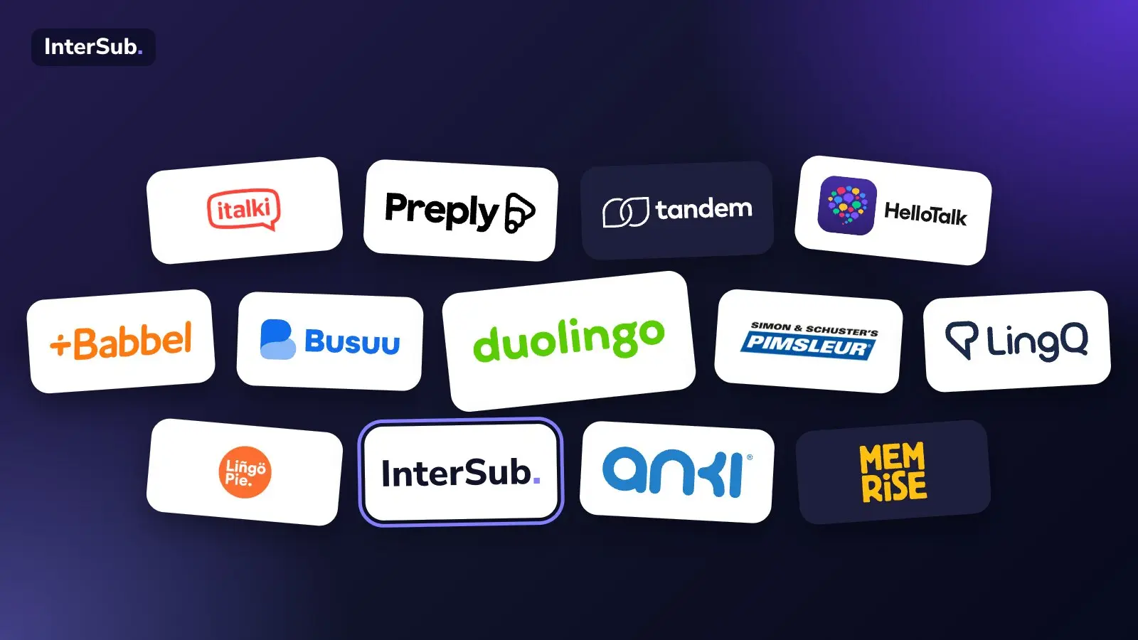 Logos of the language apps compared in the post around Duolingo: italki, Preply, Tandem, HelloTalk, Babbel, Busuu, Pimsleur, LingQ, Lingopie, InterSub, Anki and Memrise