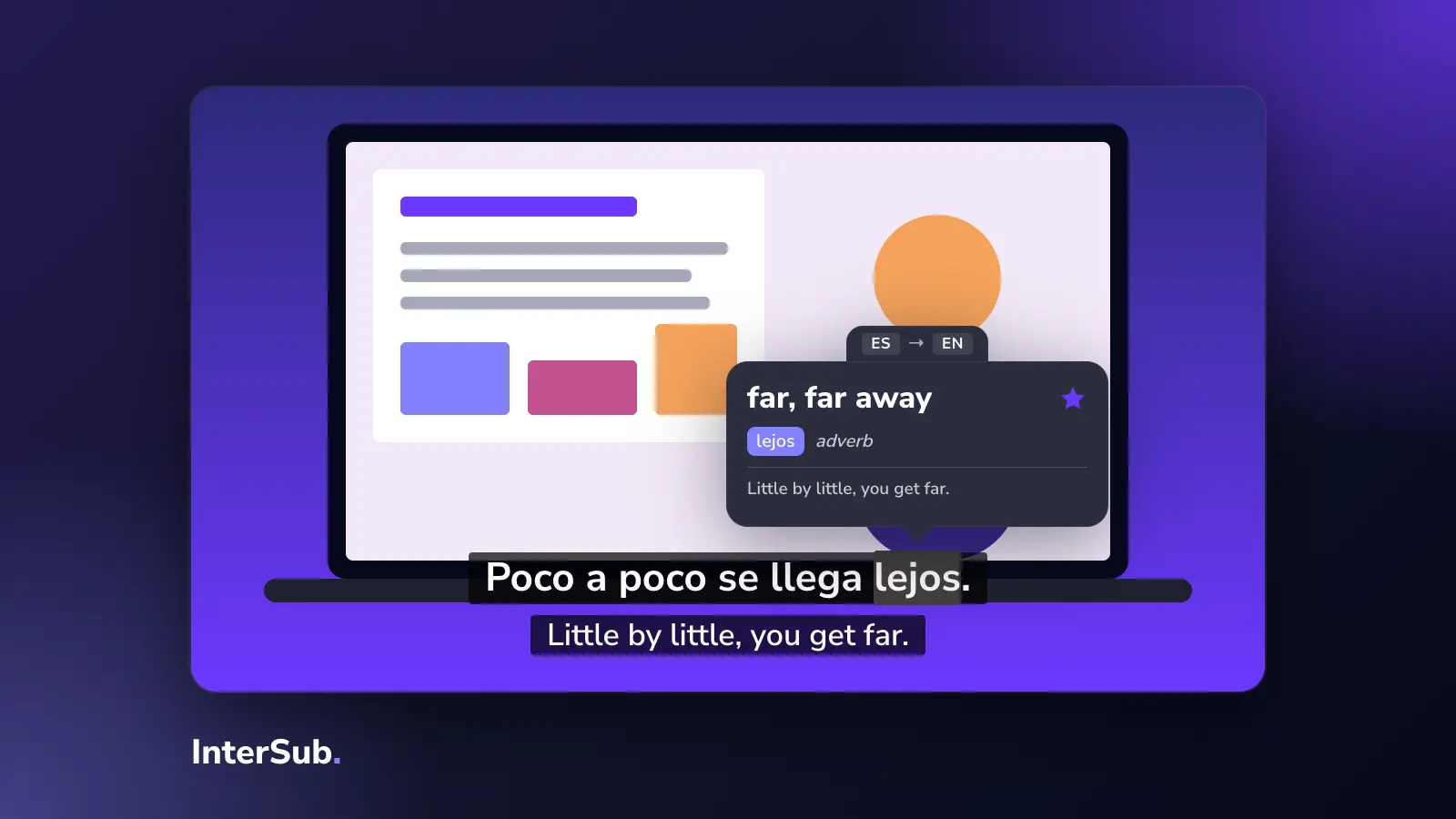 A laptop plays a lesson video with Spanish and English subtitles; the InterSub dictionary shows "lejos: far"
