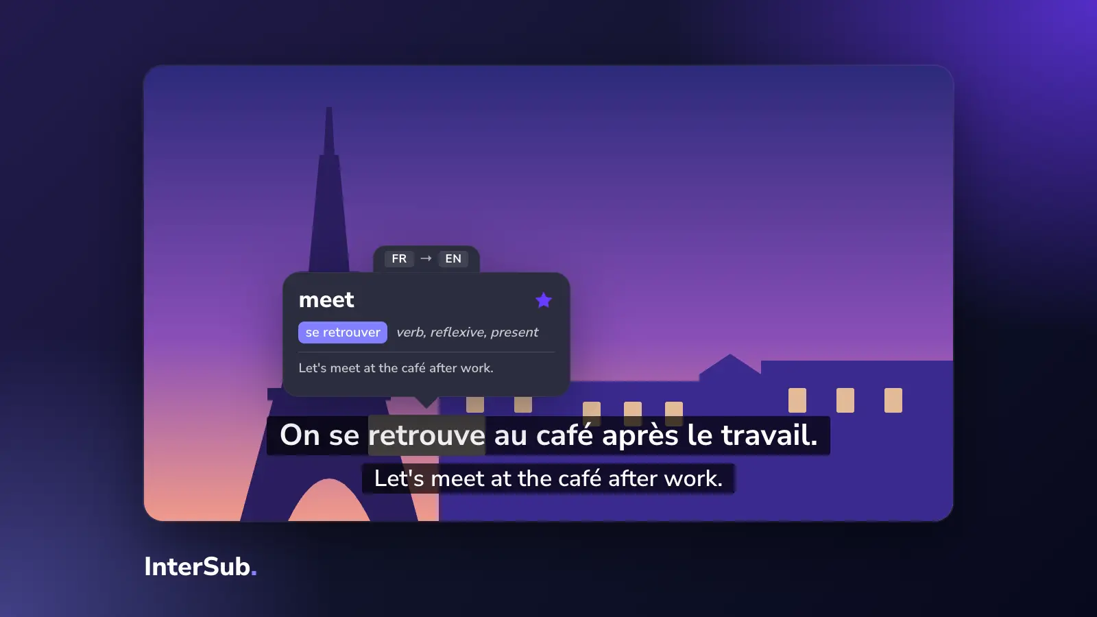 A Paris street with a café on a screen with French and English subtitles; the InterSub dictionary shows "retrouve: meet"