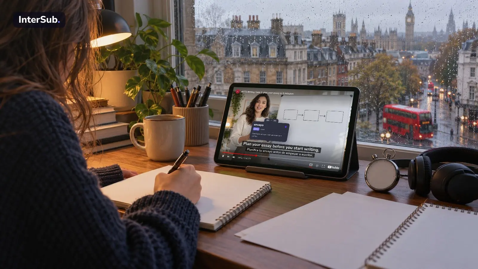 A student by a rainy London window takes notes from an IELTS writing lesson on YouTube on a tablet, with English and Spanish subtitles; the InterSub dictionary shows “essay: ensayo”