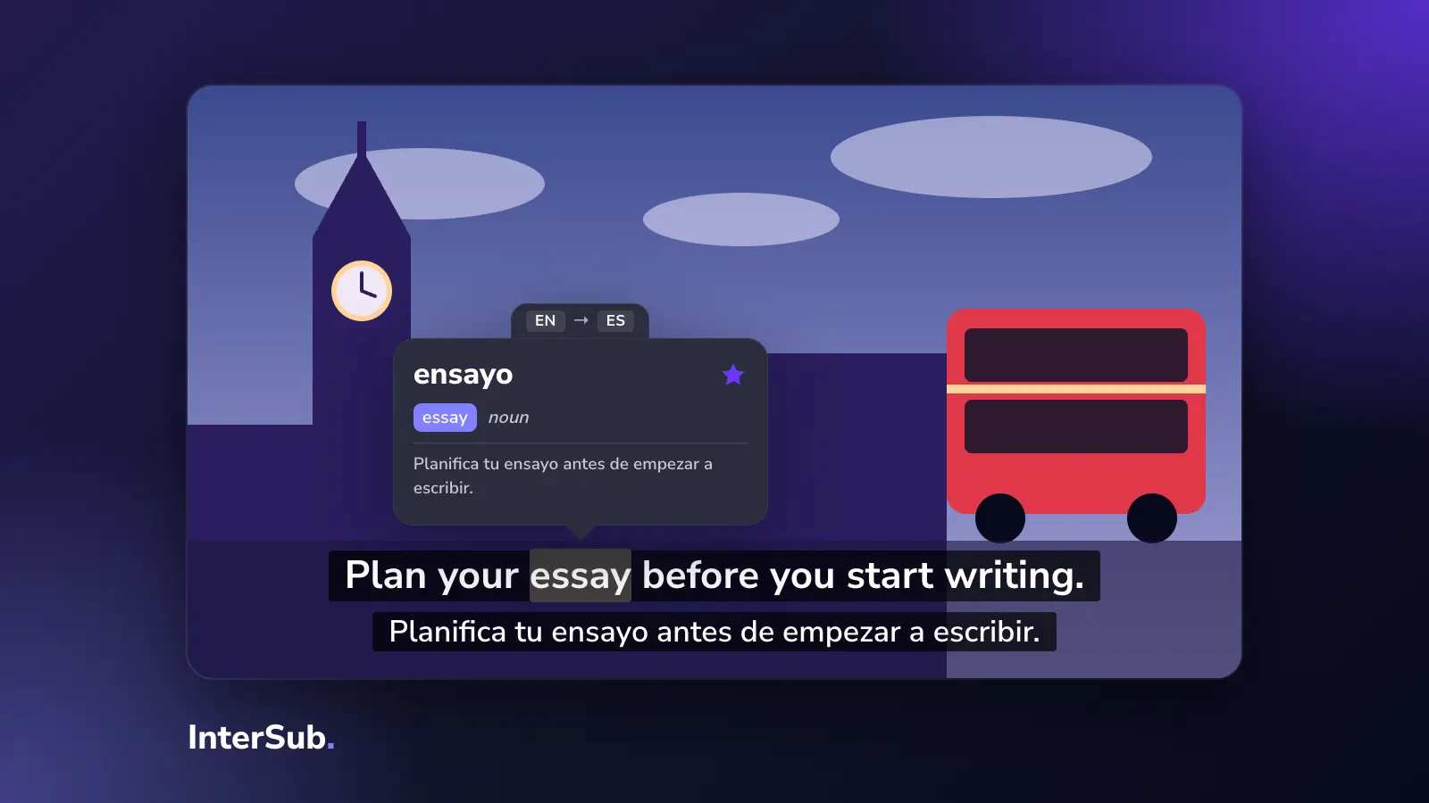 A London street with a red bus on a screen with English and Spanish subtitles; the InterSub dictionary shows "essay: ensayo"