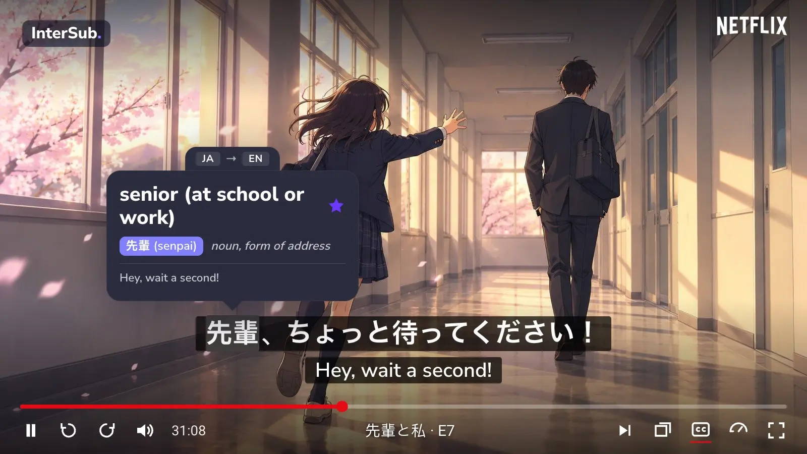 Anime frame: a student runs after her senpai down a school corridor, with Japanese and English subtitles; the InterSub dictionary shows “先輩: senior (at school or work)”