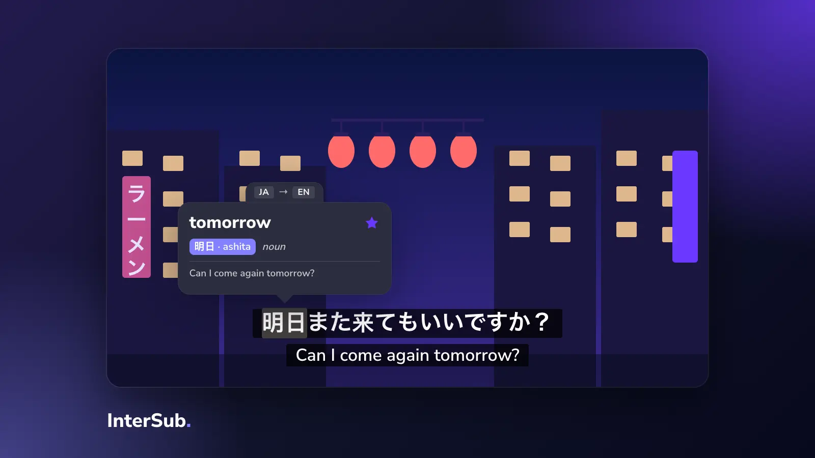 A Tokyo street at night with lanterns on a screen with Japanese and English subtitles; the InterSub dictionary shows "明日: tomorrow"