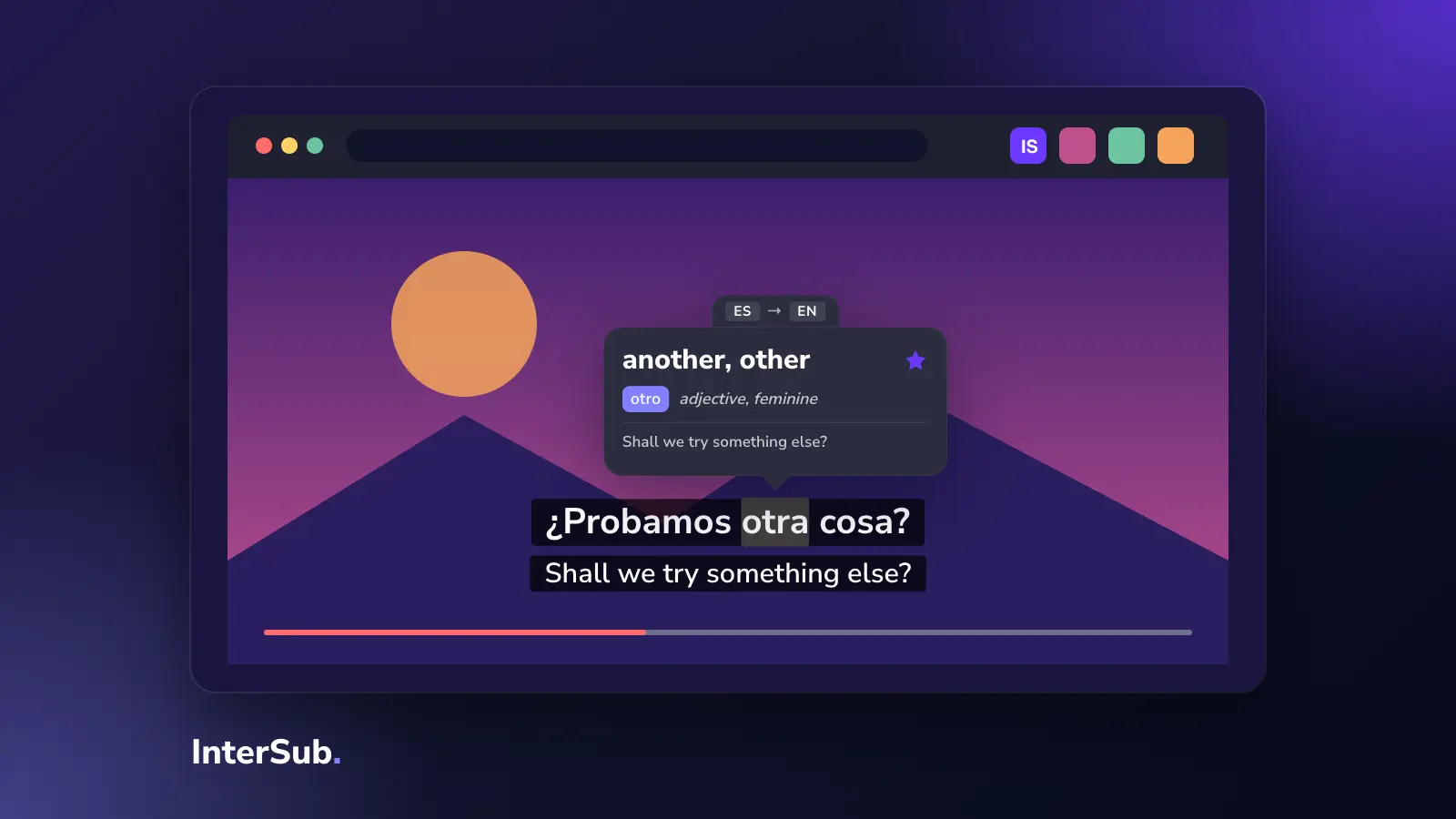A browser window plays a film with Spanish and English subtitles; the InterSub dictionary shows