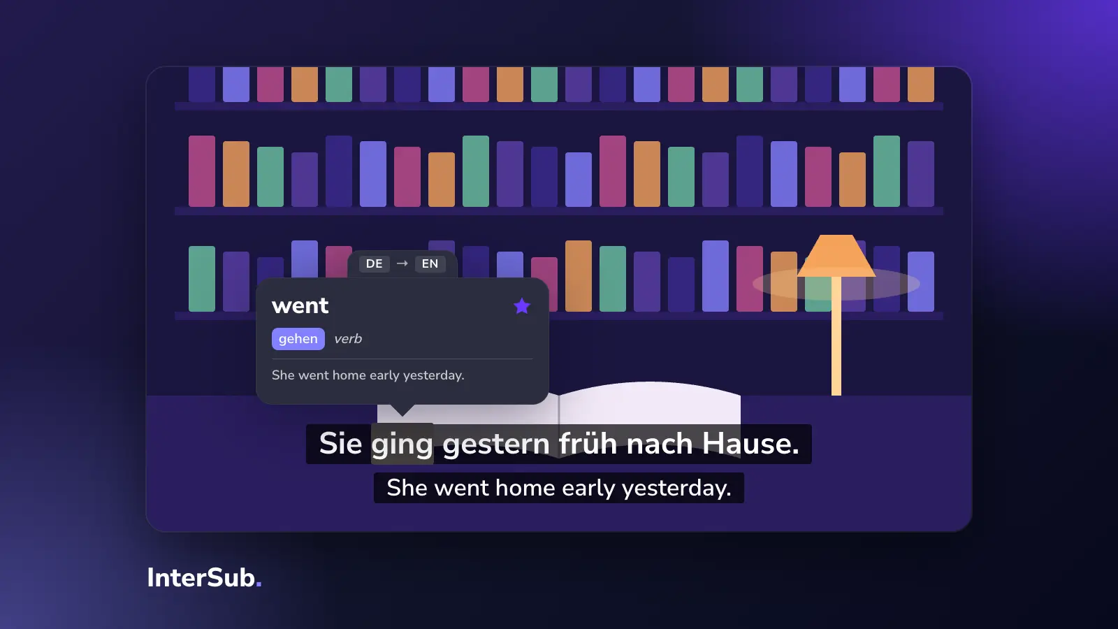 An open dictionary on a screen with German and English subtitles; the InterSub dictionary shows "ging" with its base form "gehen"