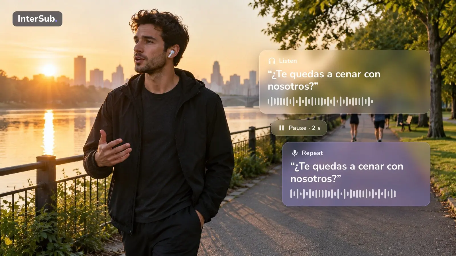 A young man with earbuds on a riverside path; cards over the photo show the shadowing steps: listen to the phrase, pause, repeat it out loud