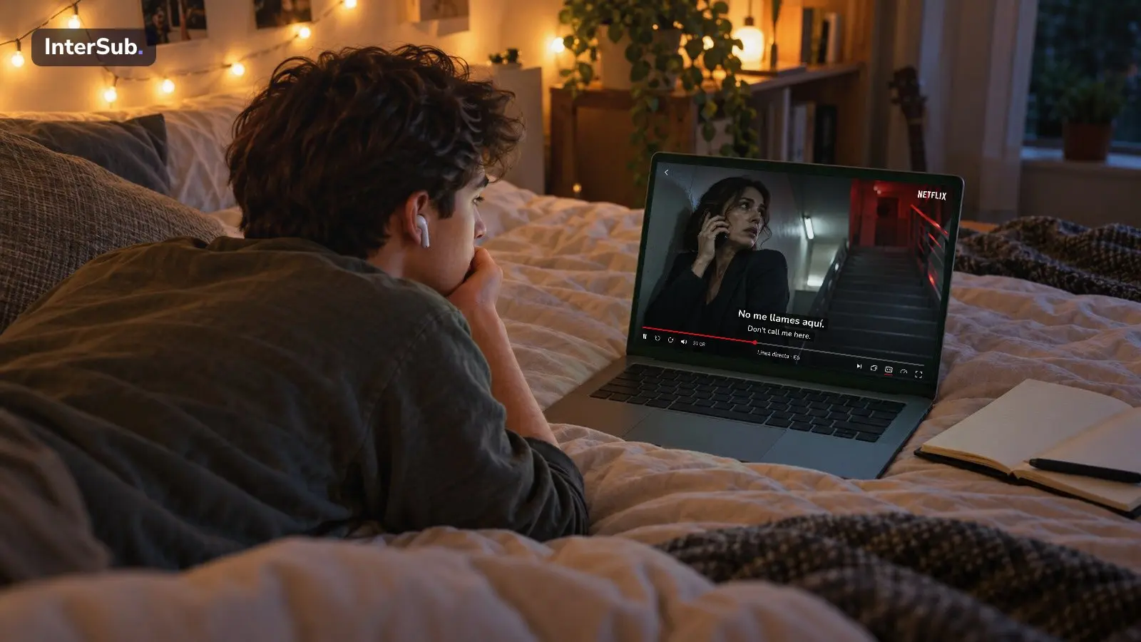 A young man lying on his bed watches a Spanish thriller on Netflix on a laptop, with two subtitle lines, Spanish and English