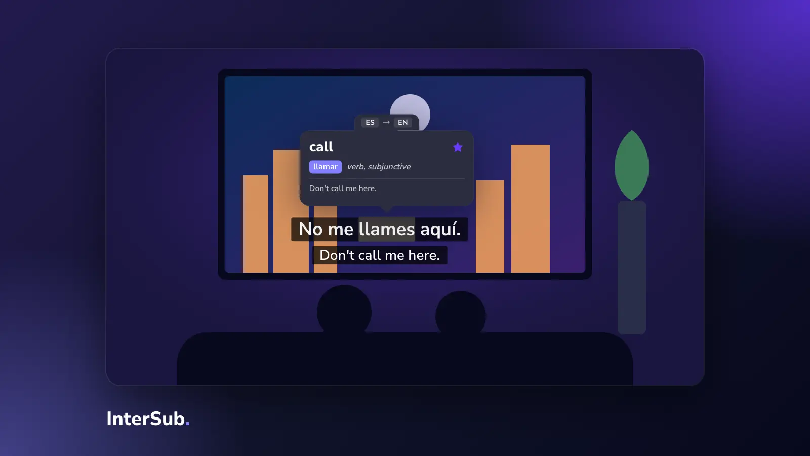 People on a sofa watch a film on TV with Spanish and English subtitles; the InterSub dictionary shows 