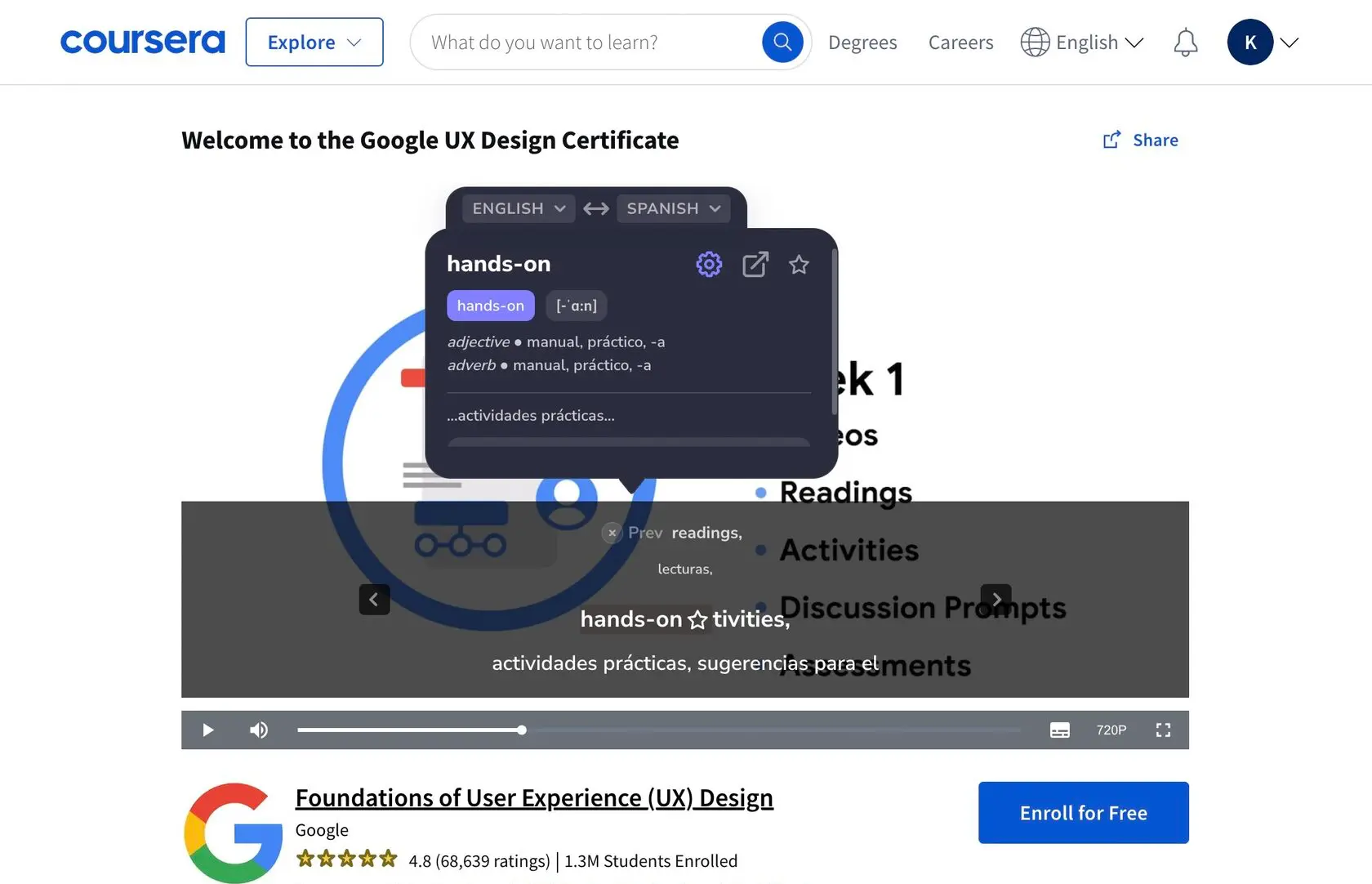 Diccionario emergente de InterSub en una clase de Coursera con subtítulos en inglés y español