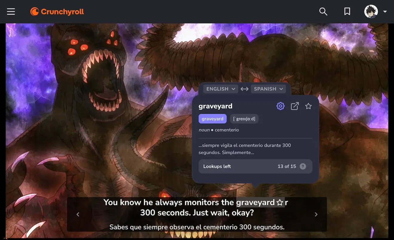 Diccionario emergente de InterSub sobre los subtítulos de un anime de Crunchyroll, de inglés a español