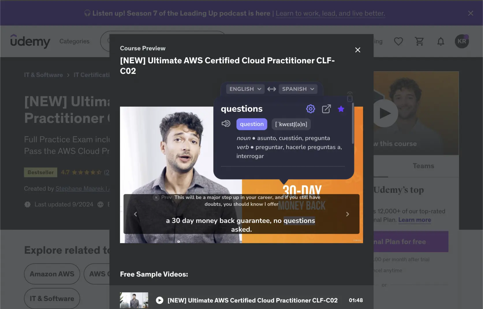 Всплывающий словарь InterSub в субтитрах курса на Udemy, с английского на испанский
