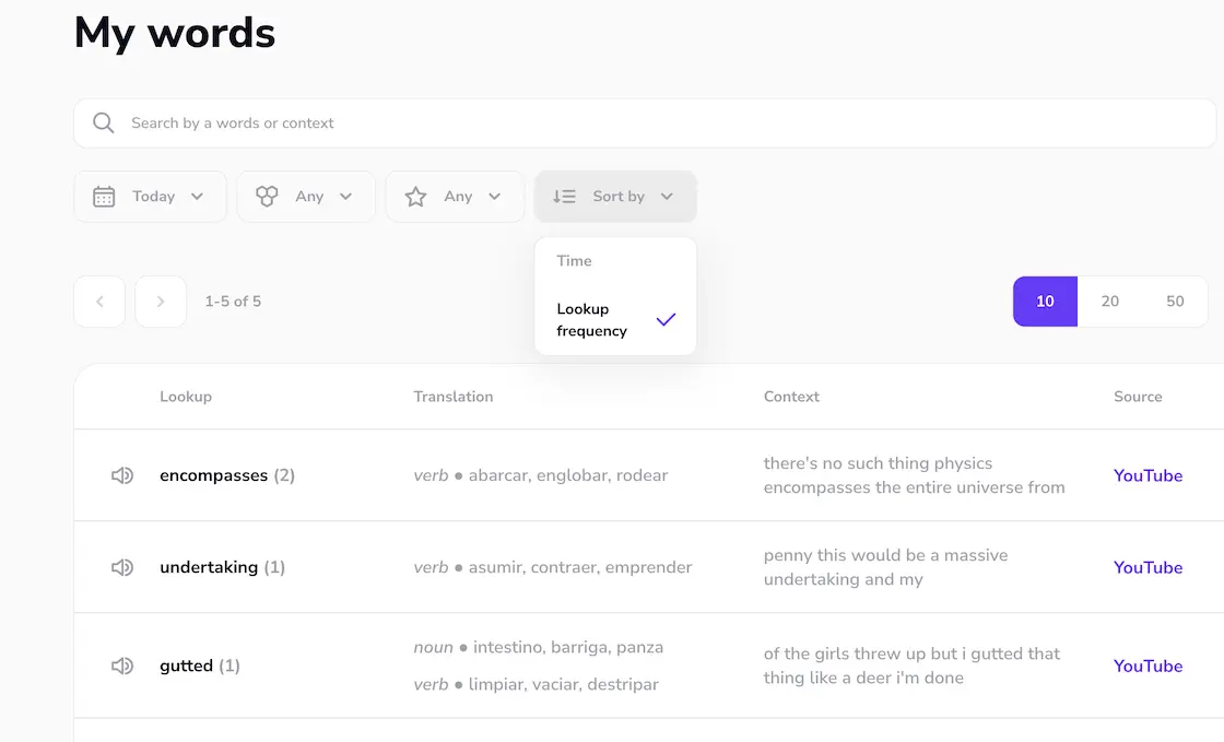 Wordbook: seu vocabulário pessoal, histórico e palavras frequentes