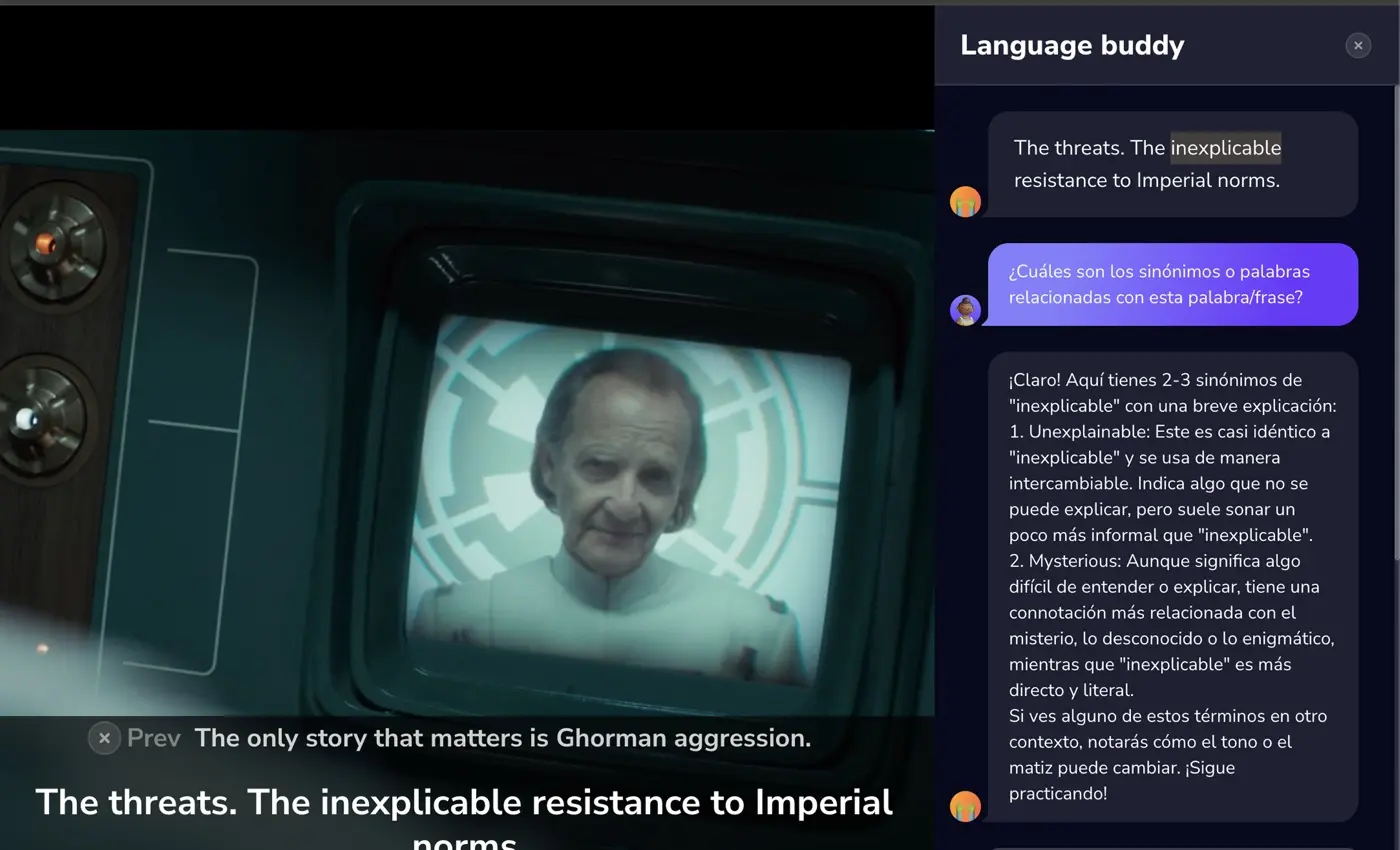 O AI Language Buddy explica sinônimos de uma palavra da legenda