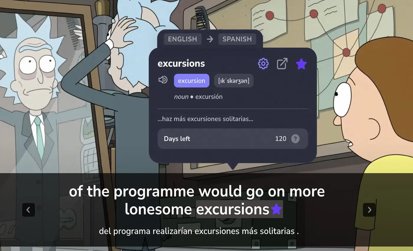 Legendas duplas em inglês e espanhol com dicionário pop-up em um episódio de desenho animado