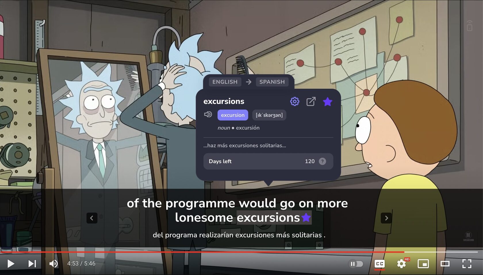 Screenshot of InterSub, Dual subtitles and a pop-up dictionary inside Netflix and YouTube